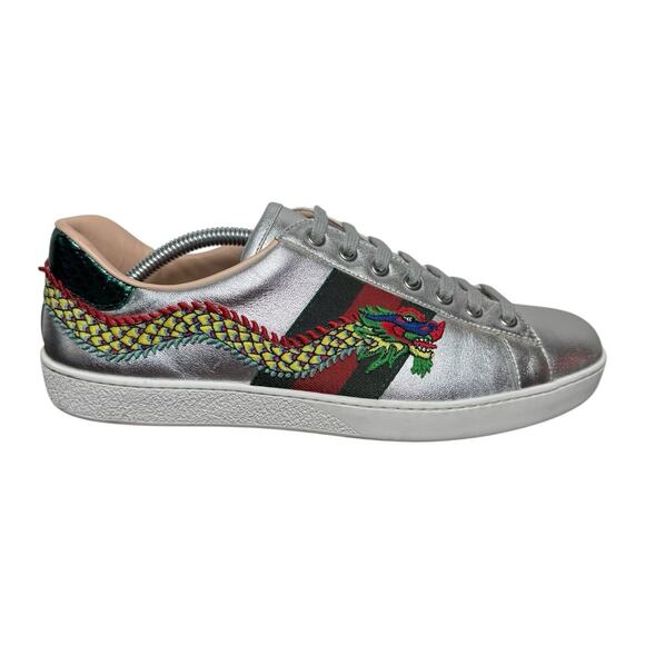 Gucci Ace Sneakers Silver Dragon Leather Size 7 Men / 8.5 Women Unisex Italy main image 5